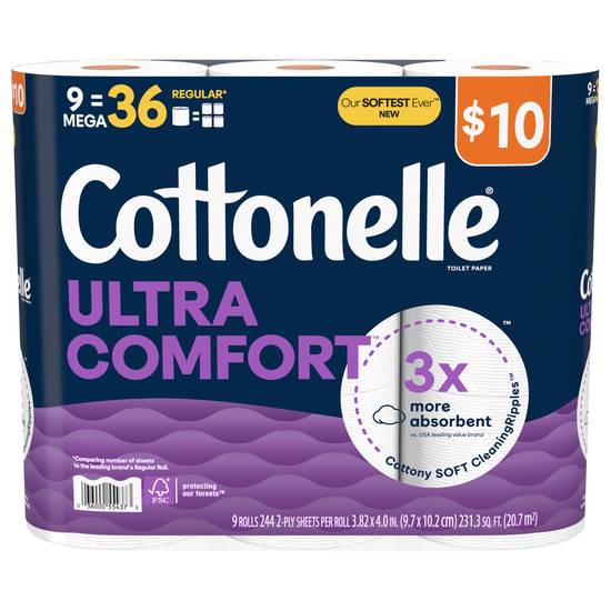 Cottonelle Ultra Comfort 2-ply Toilet Paper 9 Mega Rolls