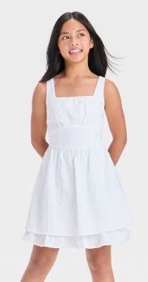 Girls' Ruched Fit & Flare Empire Waist Mini Dress - art class™ Off-White S: Cotton Jacquard Knit, Sleeveless Pullover, Squareneckline