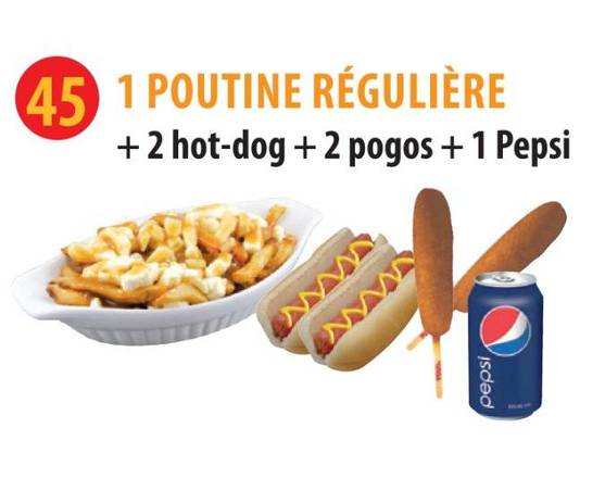 Poutine Reguliere + 2 Hot-Dogs + 2 POGOS + Boisson