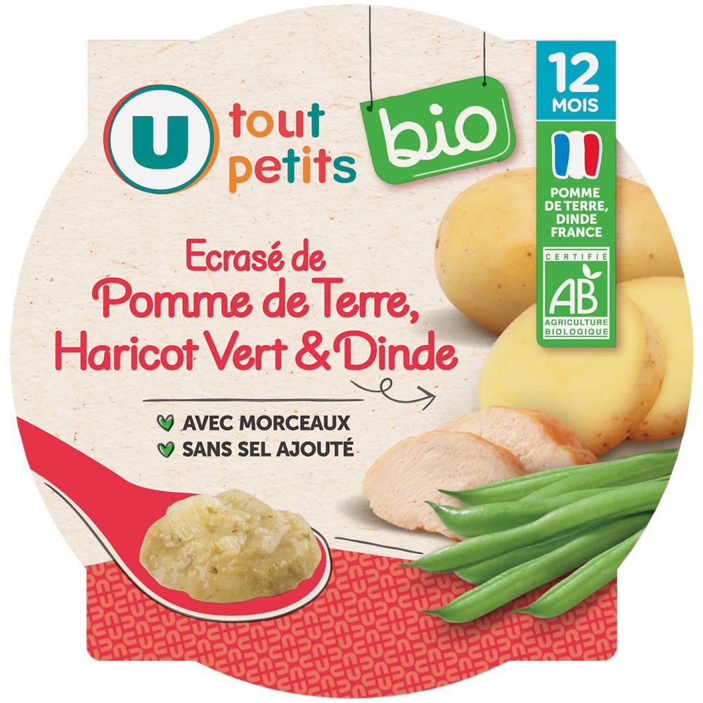 U Tout Petits Bio - Plat bébé assiette écrasé de pomme de terre aux haricots verts et dinde (12 mois)
