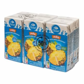 Bebida de piña Carrefour Classic sin azúcar pack de 6 briks de 20 cl.