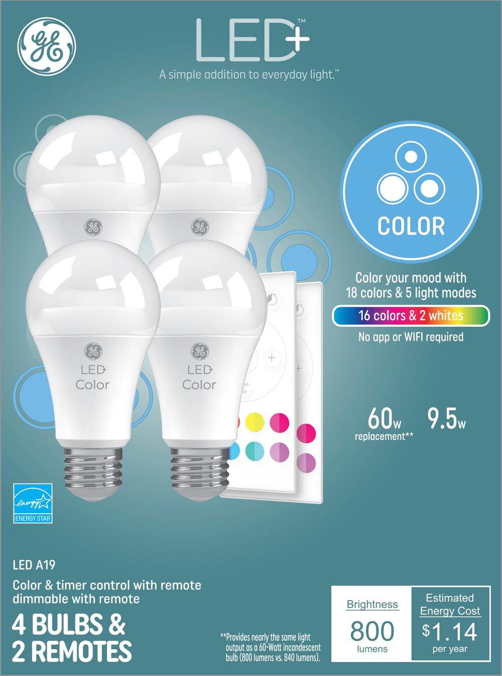 GE LED+ Color 60-Watt EQ A19 Full Spectrum Medium Base (e-26) Dimmable LED General Purpose Light Bulb (4-Pack) | 93130032