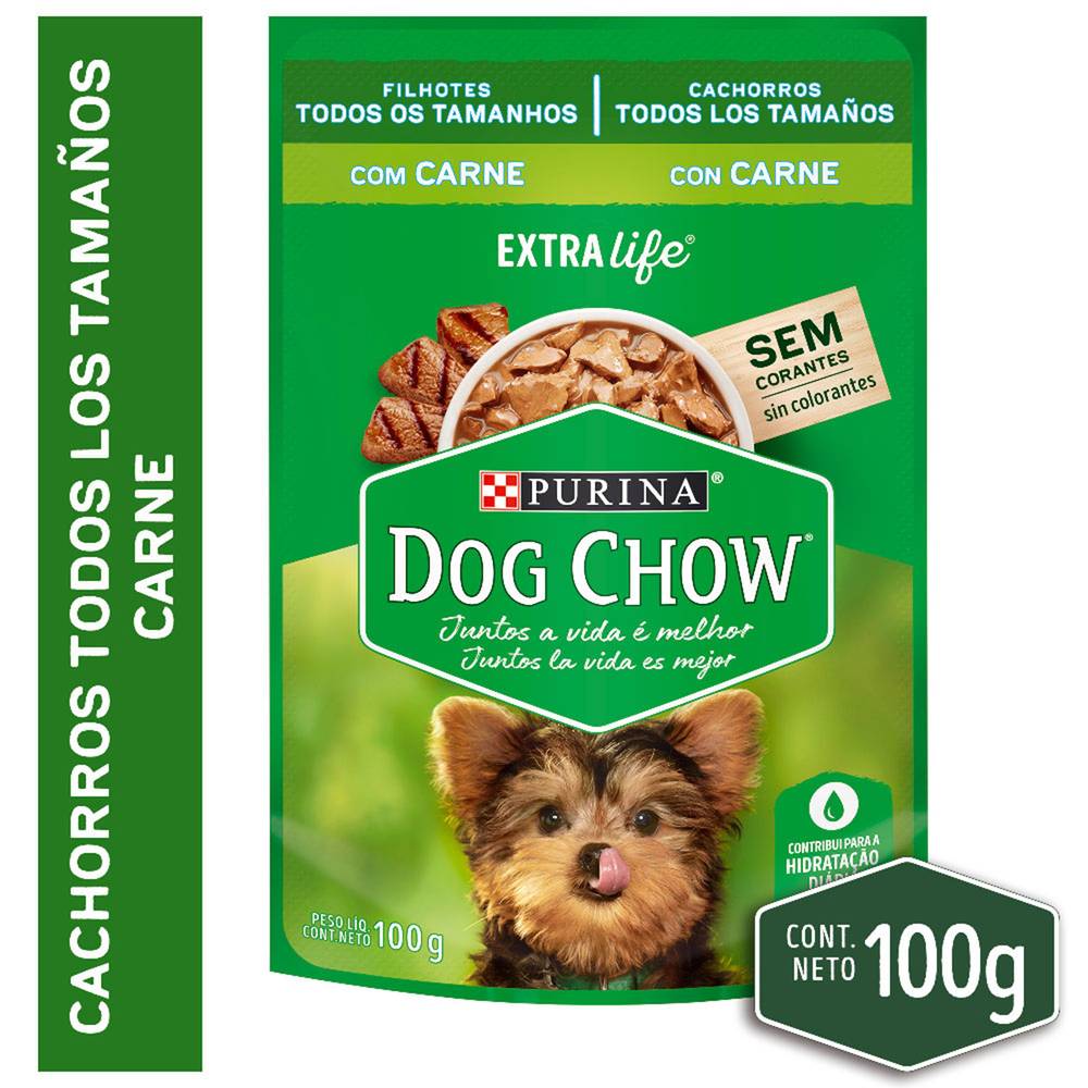 Dog chow alimento húmedo cachorros sabor carne (sobre 100 g)