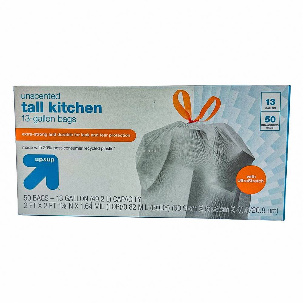 up&up Unscented 13 Gallon Ultra Stretch Tall Kitchen Drawstring Trash Bags, 60.9 cm X 63.8 cm X 0.00208 cm (50 ct)