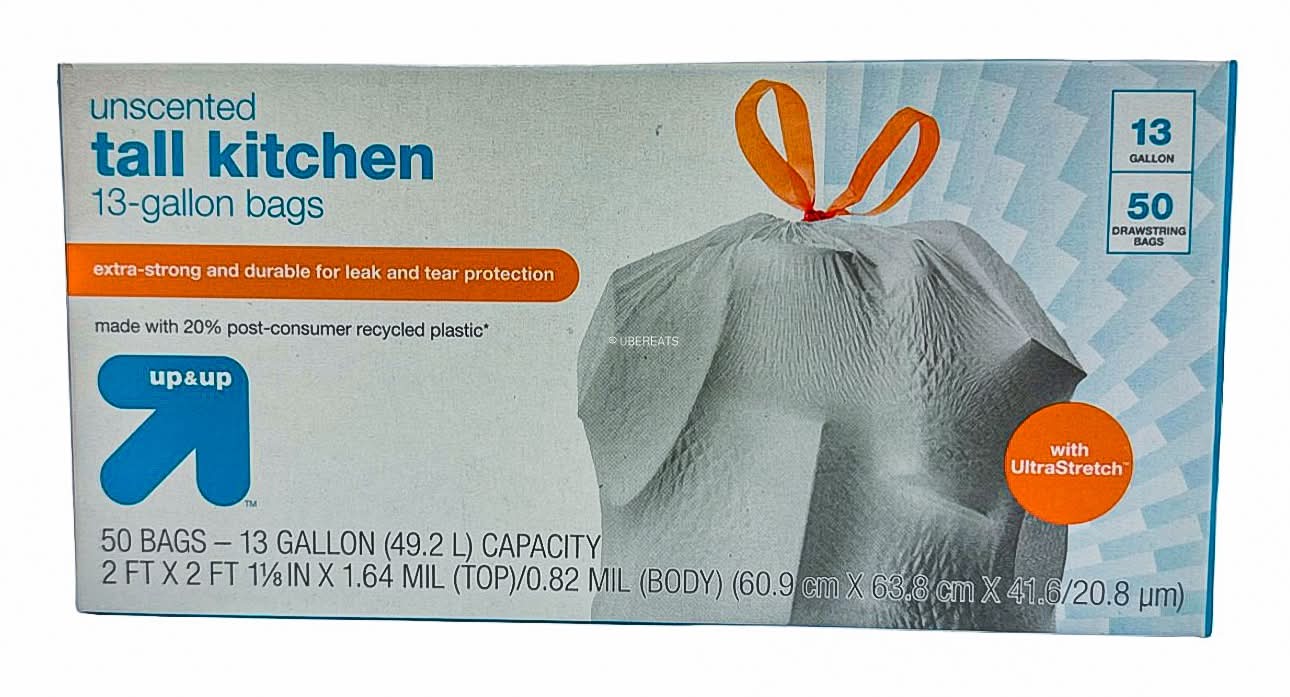 up&up Unscented Ultra Stretch Tall Kitchen Trash Bags 13 Gallon, 2x2 ft x 1 ⅛ in (50 ct)