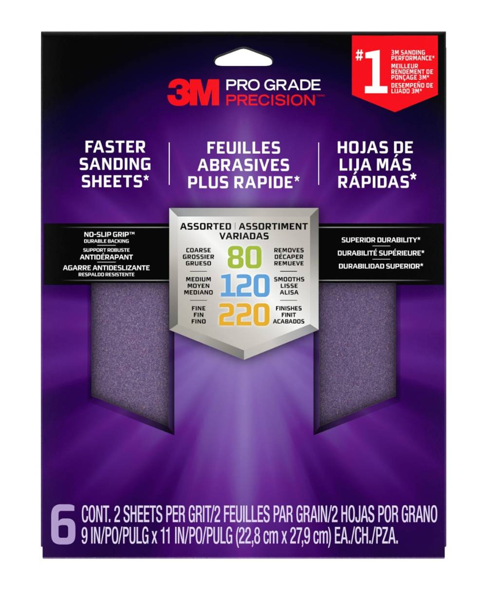 3M PRO Grade Precision Multi-grade Pack Sheet Sandpaper 11-in W x 9-in L 6-Pack | SHRASST-PGP-6T