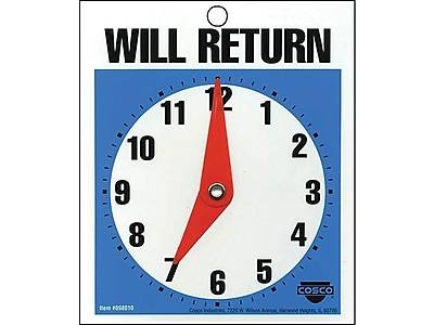 Cosco Will Return Clock Sign, 5" X 6", Blue/White
