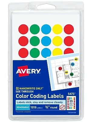 Avery See-Through Color Coding Labels, 3/4 Dia, Translucent Assorted Colors, 1,015 Labels/Pack (5473)