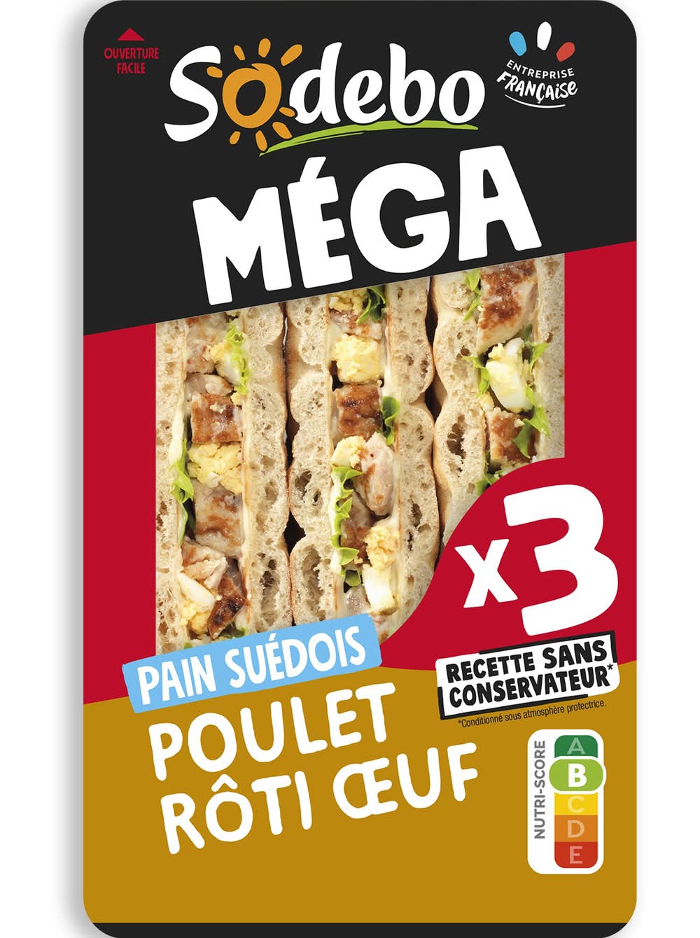 Sodebo - Sandwichs club pain suédois méga, poulet rôti-œuf (3)