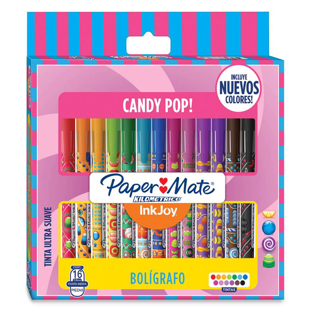 Paper mate bolígrafo de colores candy pop! kilométrico (16 piezas)