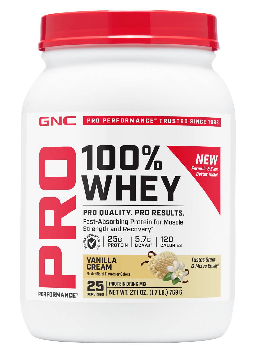 GNC Pro Performance 100% Whey Protein Drink Mix, Vanilla Cream (27.1 oz)