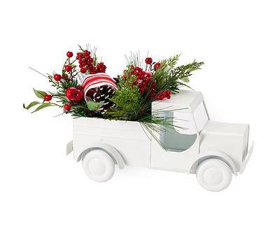 Ribbon & Floral Arrangement in White Metal Truck