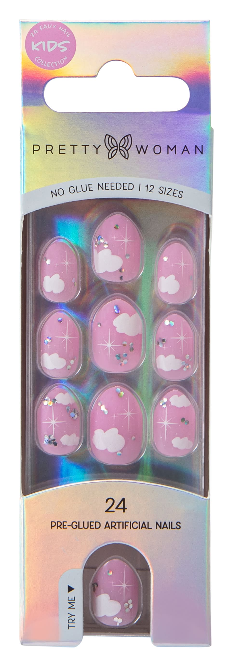 Pretty Woman Kids Pre-Glued Artificial Nails 24-Count Pink/White Clouds