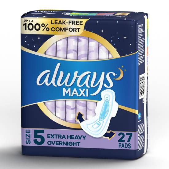 Always Maxi Pads Size 5 Extra Heavy Overnight Absorbency Unscented with Wings, 27 Count