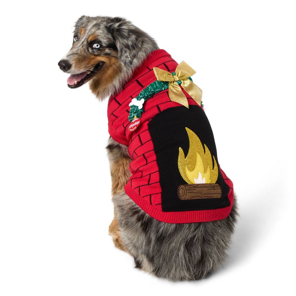 Merry & Bright Fireplace Dog & Cat Ugly Sweater, X Large, Red