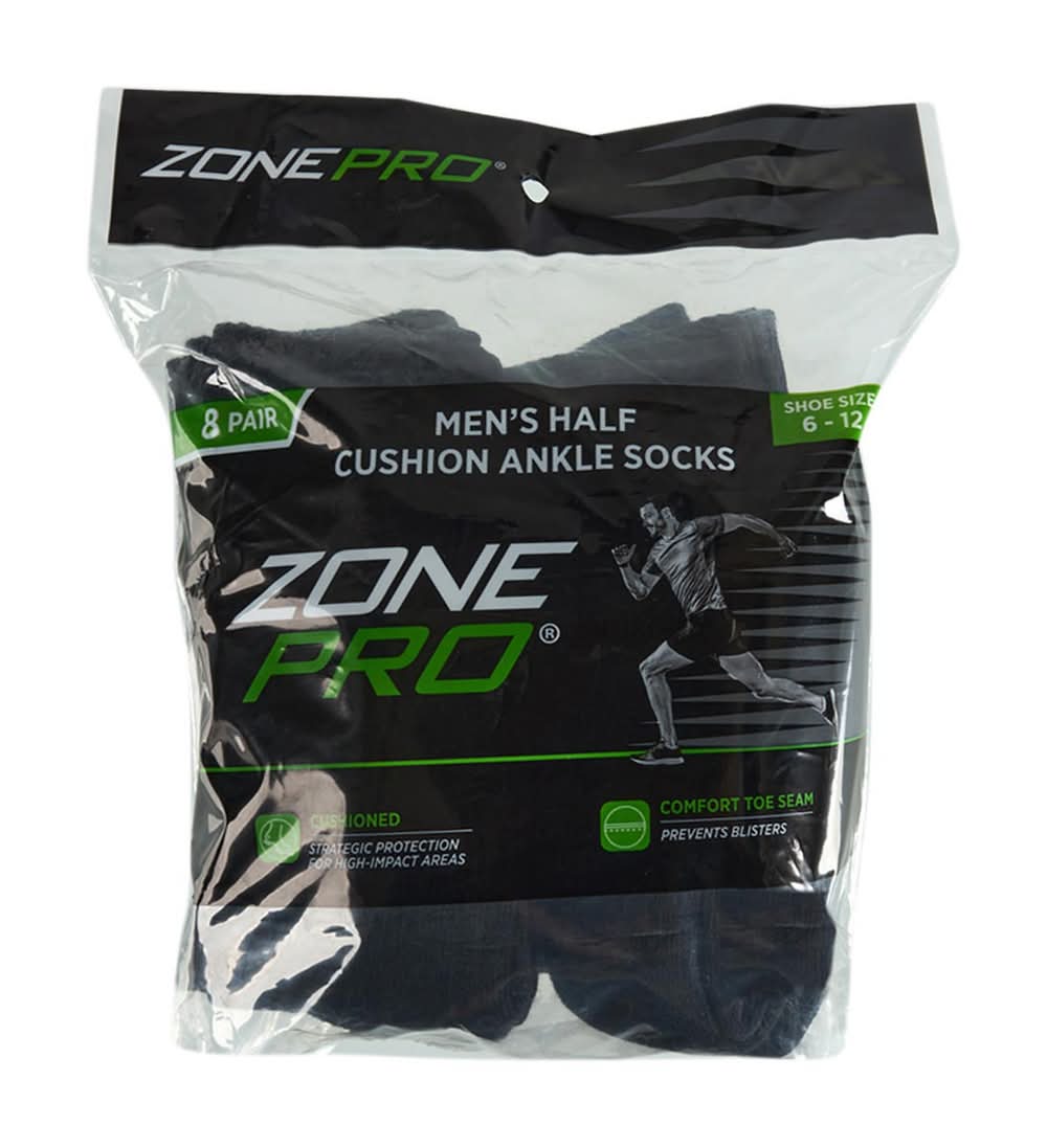 Zone Pro Men?S Half Cushion Black Ankle Socks Size 6 To 12 8 Pk