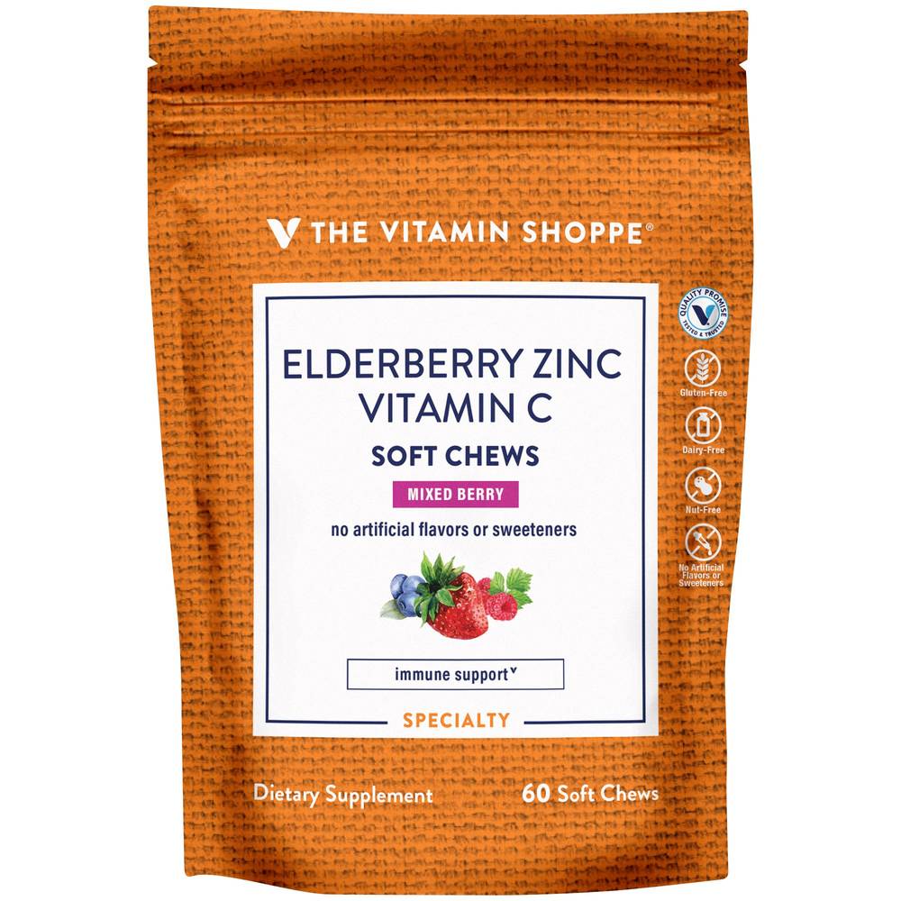 The Vitamin Shoppe Elderberry Zinc & Vitamin C Soft Chews, Mixed Berry (60 ct)