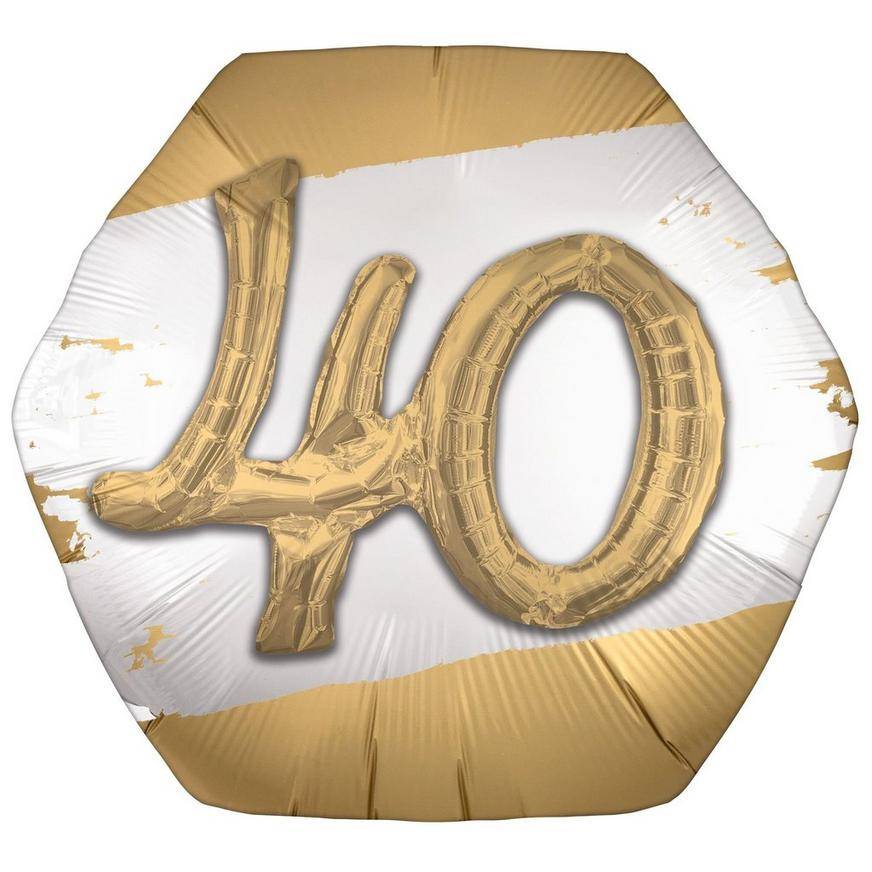 Uninflated Satin Golden Age Happy 40th Birthday Hexagonal Foil Balloon, 30in x 28in