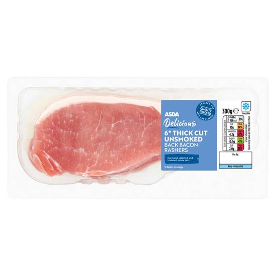 ASDA Delicious 6 Thick Cut Unsmoked Back Bacon Rashers 300g