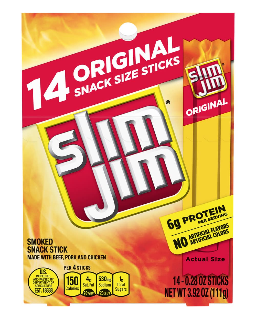 Slim Jim Smoked Snack Stick, Original, Snack Size, 14 Pack