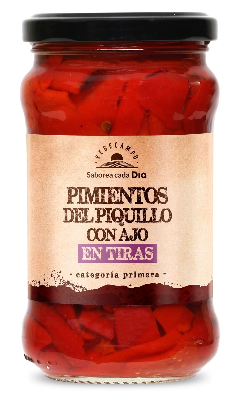 Pimientos Del Piquillo En Tiras Con Ajo Vegecampo De Dia Frasco 225 G