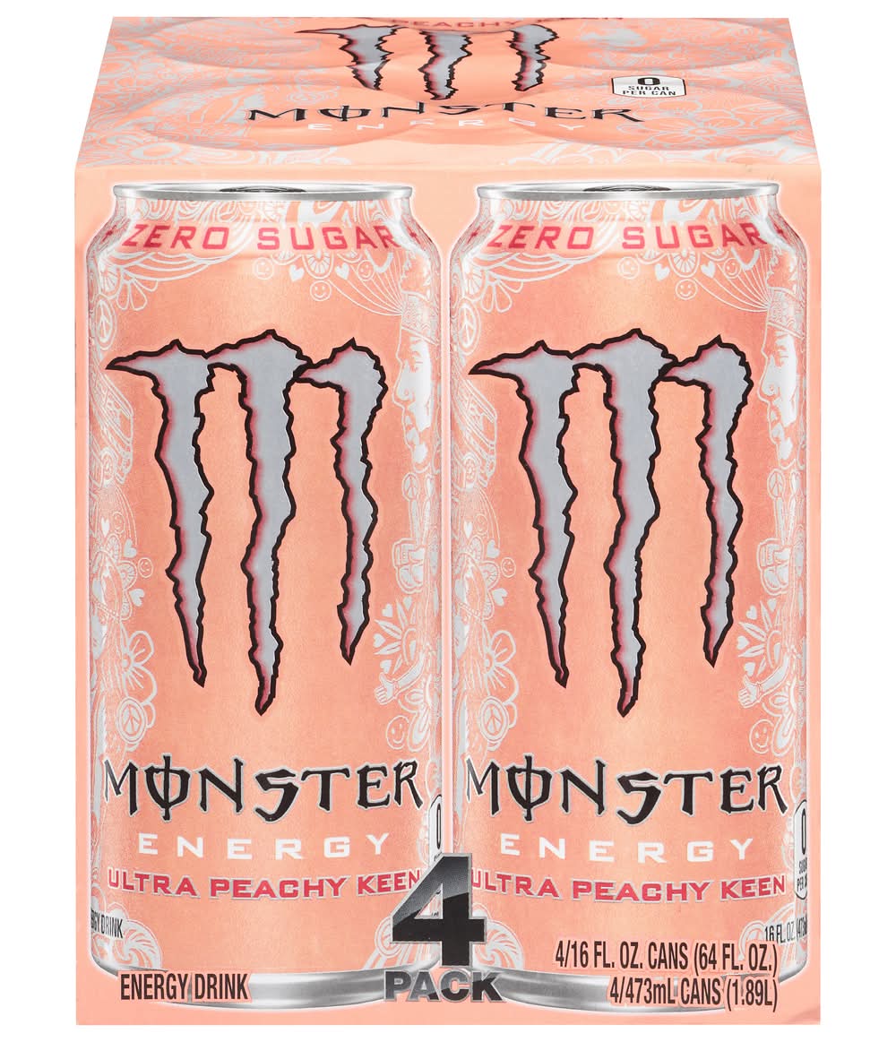 Monster Energy Zero Sugar Drink, Ultra Peachy Keen (4 x 16 fl oz)