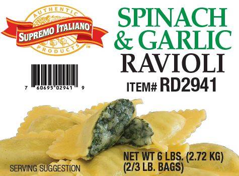 Supremo Italiano - Spinach & Garlic Ravioli - 2/2.5 Lb (1 Unit per Case)