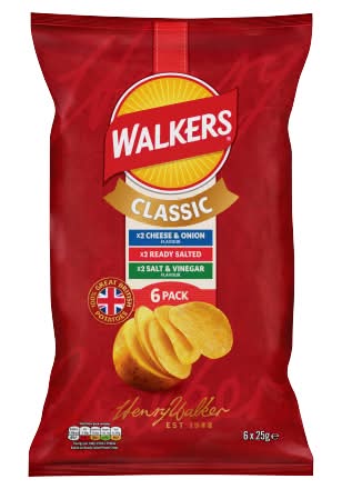 Walkers Cheese & Onion-Ready Salted-Salt & Vinegar, Classic Variety Multipack Potato Crisps (6 x 25g)