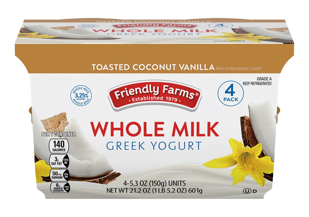 Friendly Farms Whole Milk Greek Yogurt, Toasted Coconut Vanilla (4 x 5.3 oz)