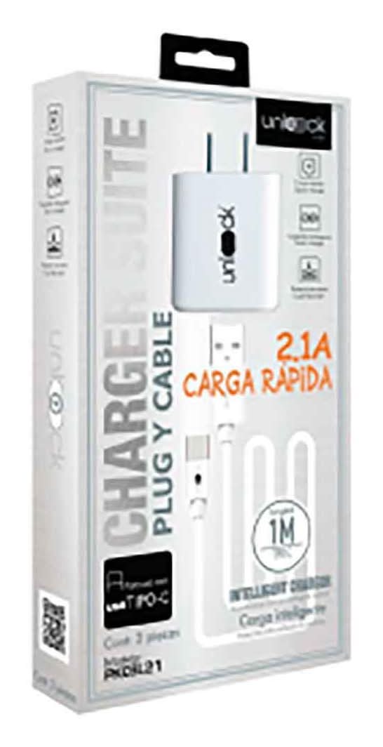 Cable Redondo Unlock Carga Rápida Tipo C 2.1A + Cargador De Pared Con 1 Entrada Usb
