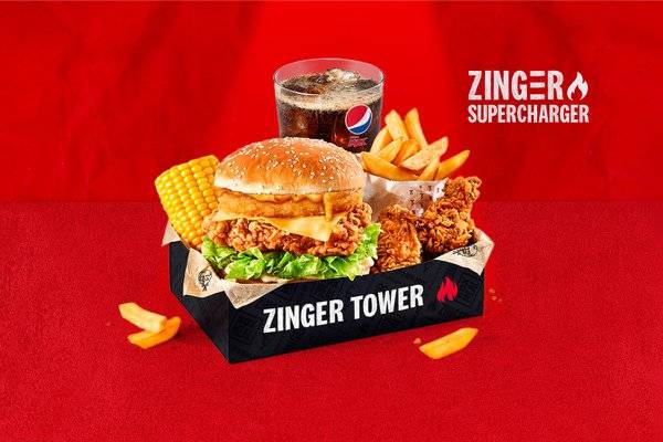 Zinger Supercharger Tower Box Meal with 2 Hot Wings 🔥