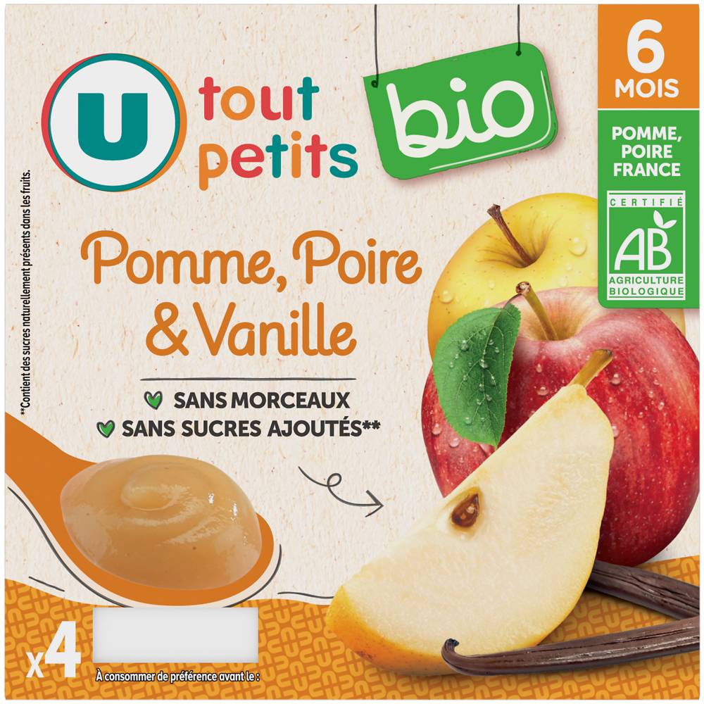 U - Petits pots à base de pomme poire vanille dès 6 mois ( 4 pièces )