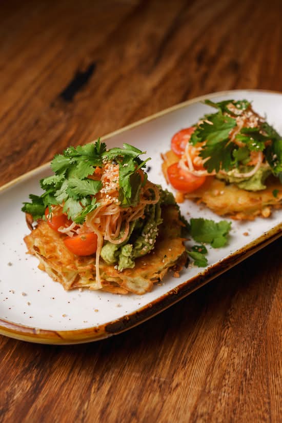 Potato Pancakes with Crab and Guacamole
