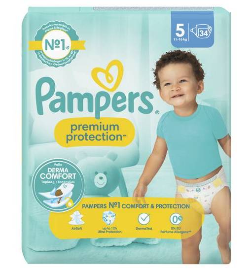 Pampers premium protection taille 5, couches x34, 11kg - 16kg