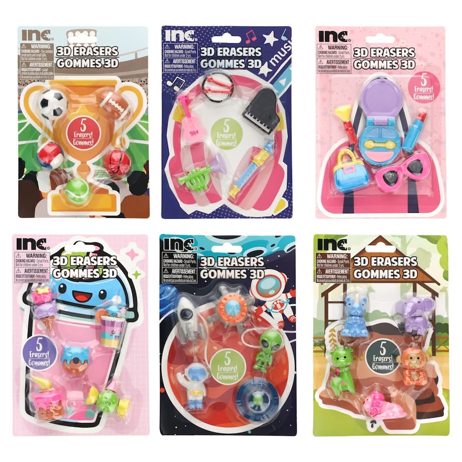 Inc. 3D Erasers, Assorted Themes, 5-pc Pack.