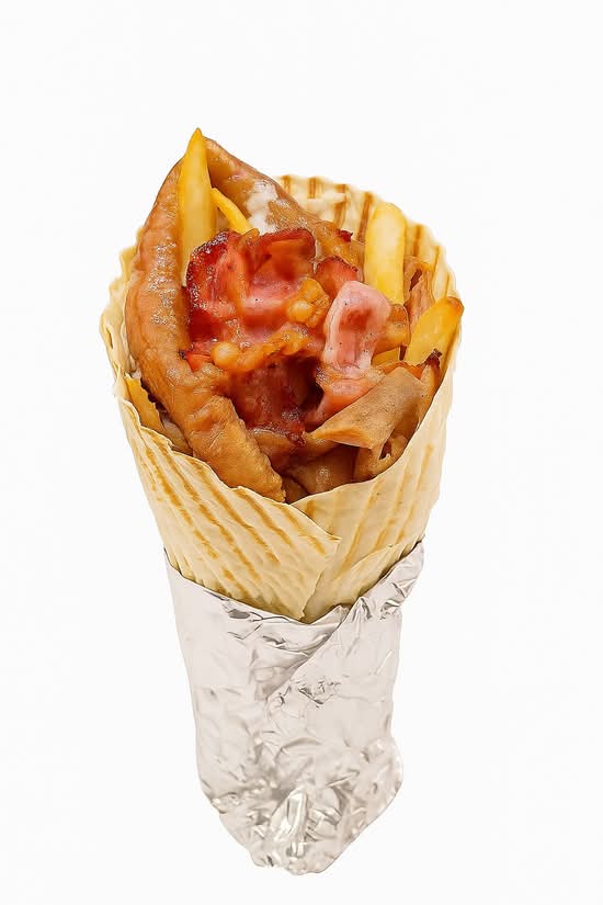 DUŻA Tortilla z grillowanym boczkiem, mięsem i frytkami