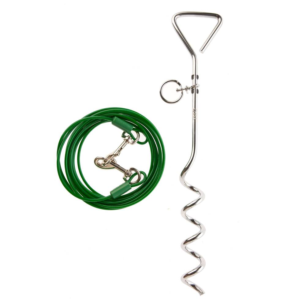 Top Paw® Spiral Stake Dog Tie Out (Color: Green, Size: 30 Ft)