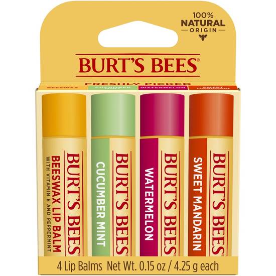 Burt's Bees 100% Natural Moisturizing Lip Balm - Freshly Picked Beeswax, Cucumber Mint, Watermelon, & Sweet Mandarin, 4 ct