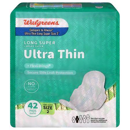 Walgreens Ultra Thin Long Super Maxi Pads With Flexi Wings Unscented, Size 2 (42 ct)