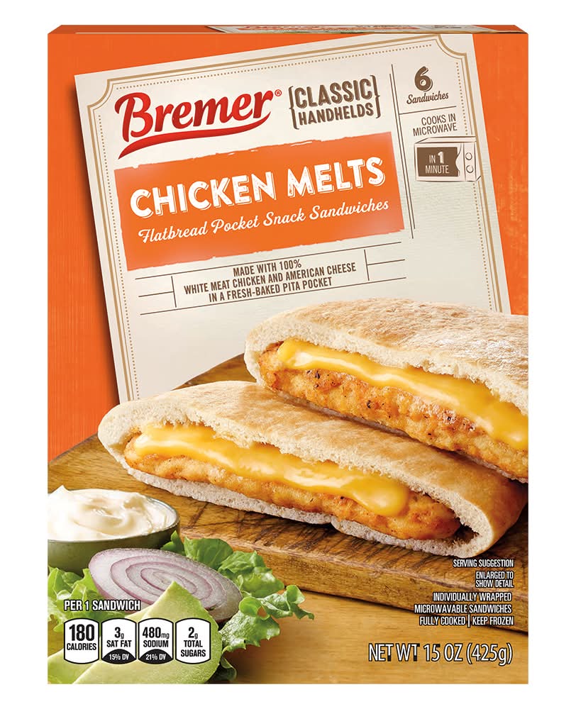 Bremer Chicken Melts Flatbread Pocket Snack Sandwiches (15 oz, 6 ct)