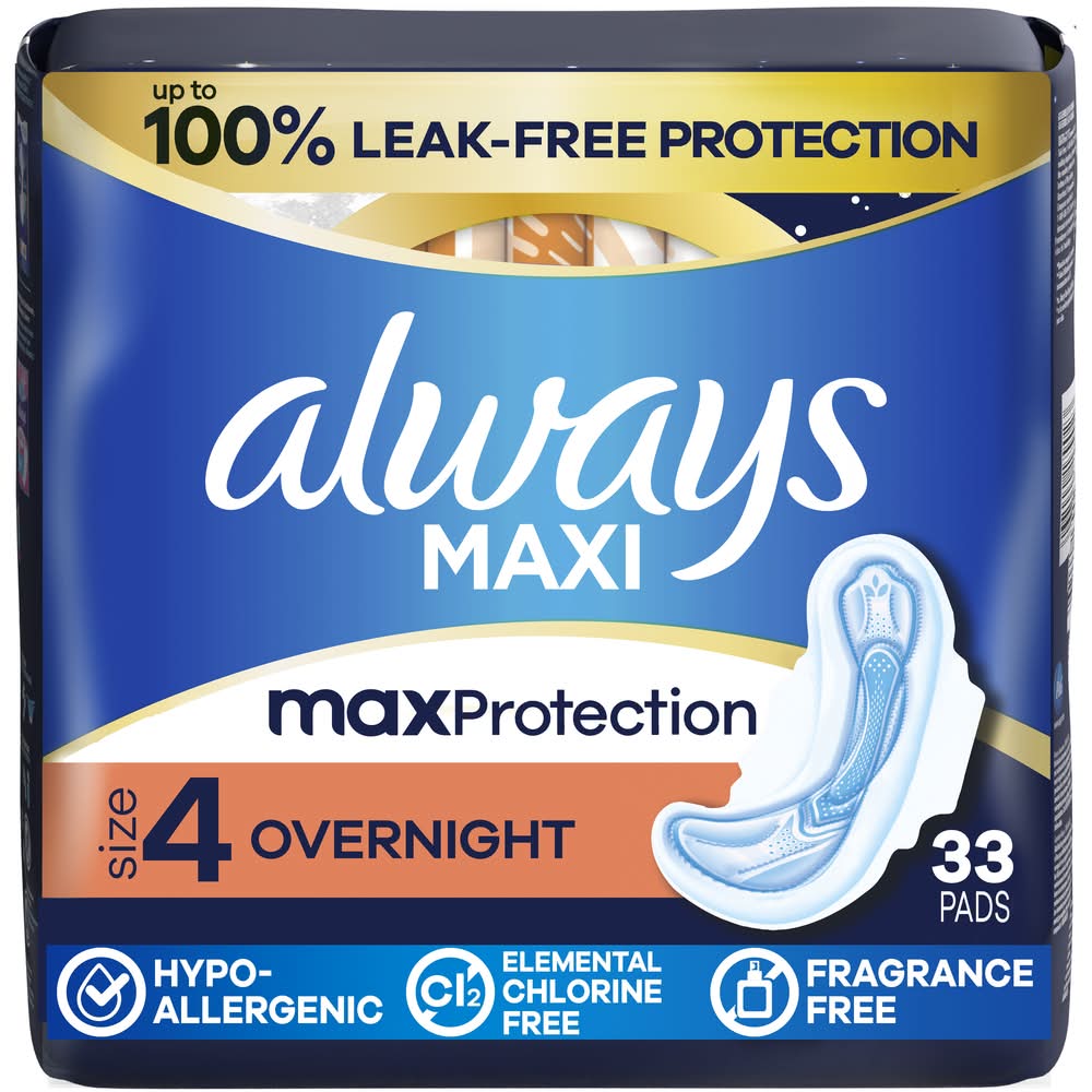 Always Maxi Overnight Absorbency Pads With Wings Jumbo pack, 4 (33 ct)