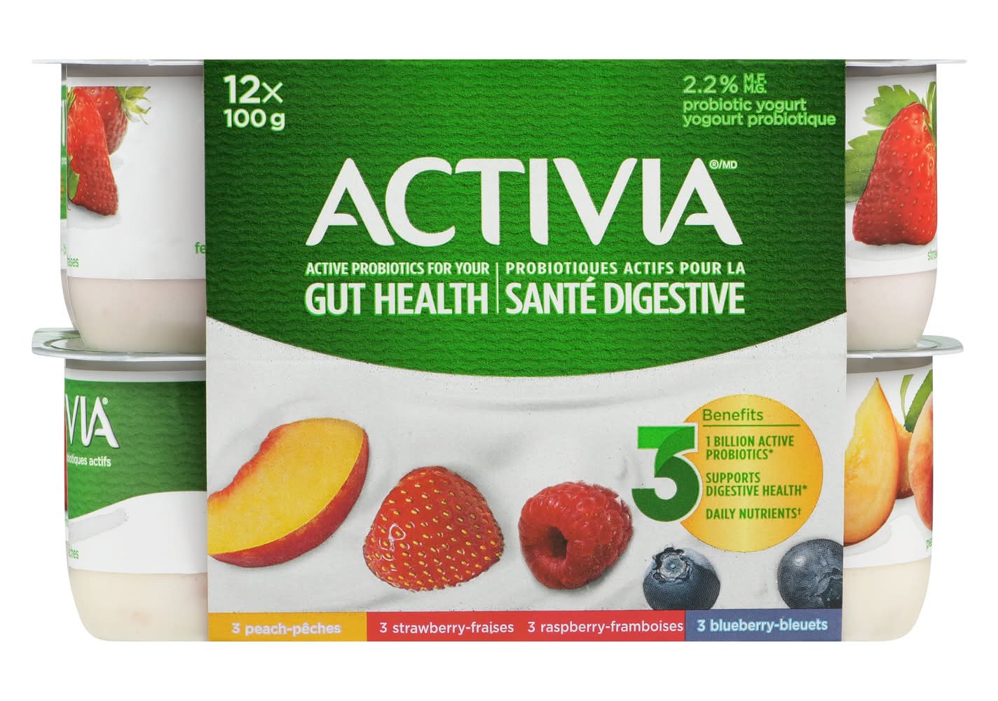 Activia Probiotic Yogurt, Peach-Strawberry-Raspberry-Blueberry (12 x 100 g)