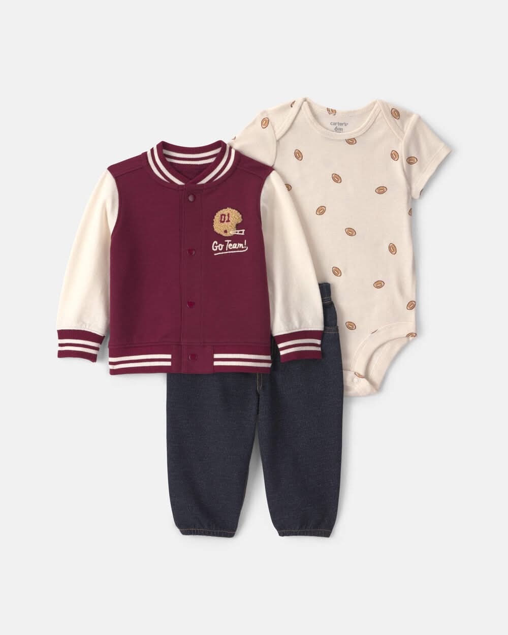 Baby Boy 3-Piece 'Go Team' Football French Terry Layering Set - Maroon - 18M