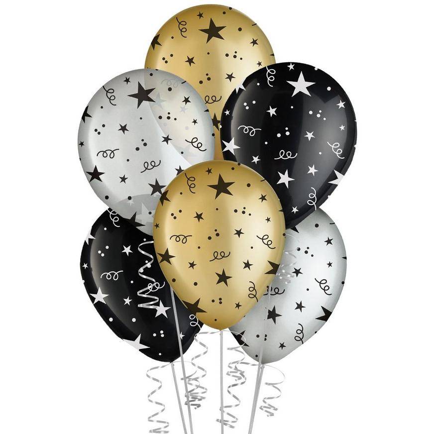 Uninflated 15ct, 11in, Black, Silver Gold Confetti Stars Latex Balloons