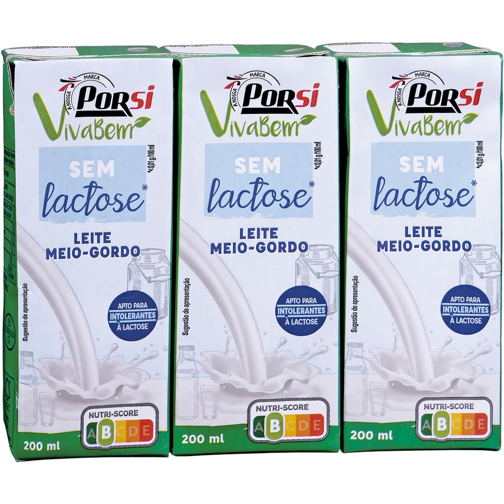PorSi Viva Bem - Leite sem Lactose Meio Gordo, 3 x 200 ml