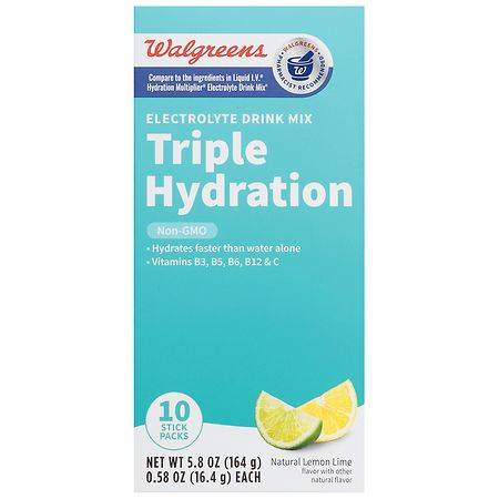 Walgreens Triple Hydration Electrolyte Drink Mix packs, Lemon Lime (0.58 oz, 10 ct)