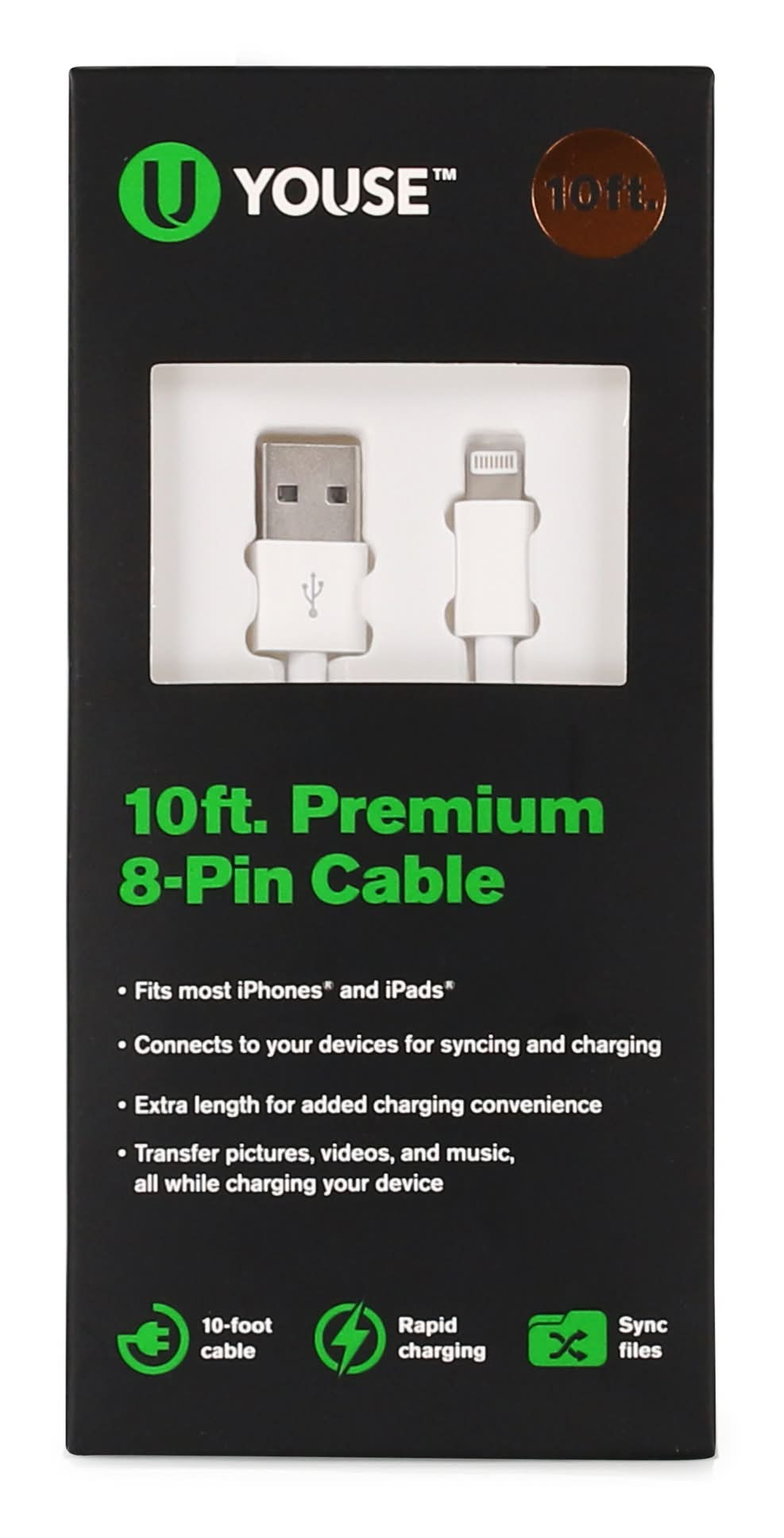 10ft Premium 8-Pin Charging Cable white