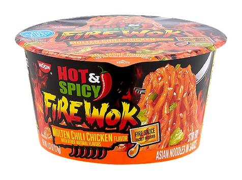 Nissin Hot & Spicy Fire Wok Molten Chili Chicken Noodles 4.37oz Container