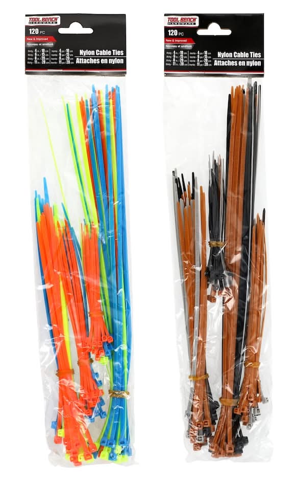 Tool Bench Nylon Cable Ties, Assorted Colors, 120-pc Pack.