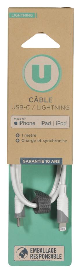 Les Produits U - Cable lightning usb c pvc, 1m, blanc (22g)